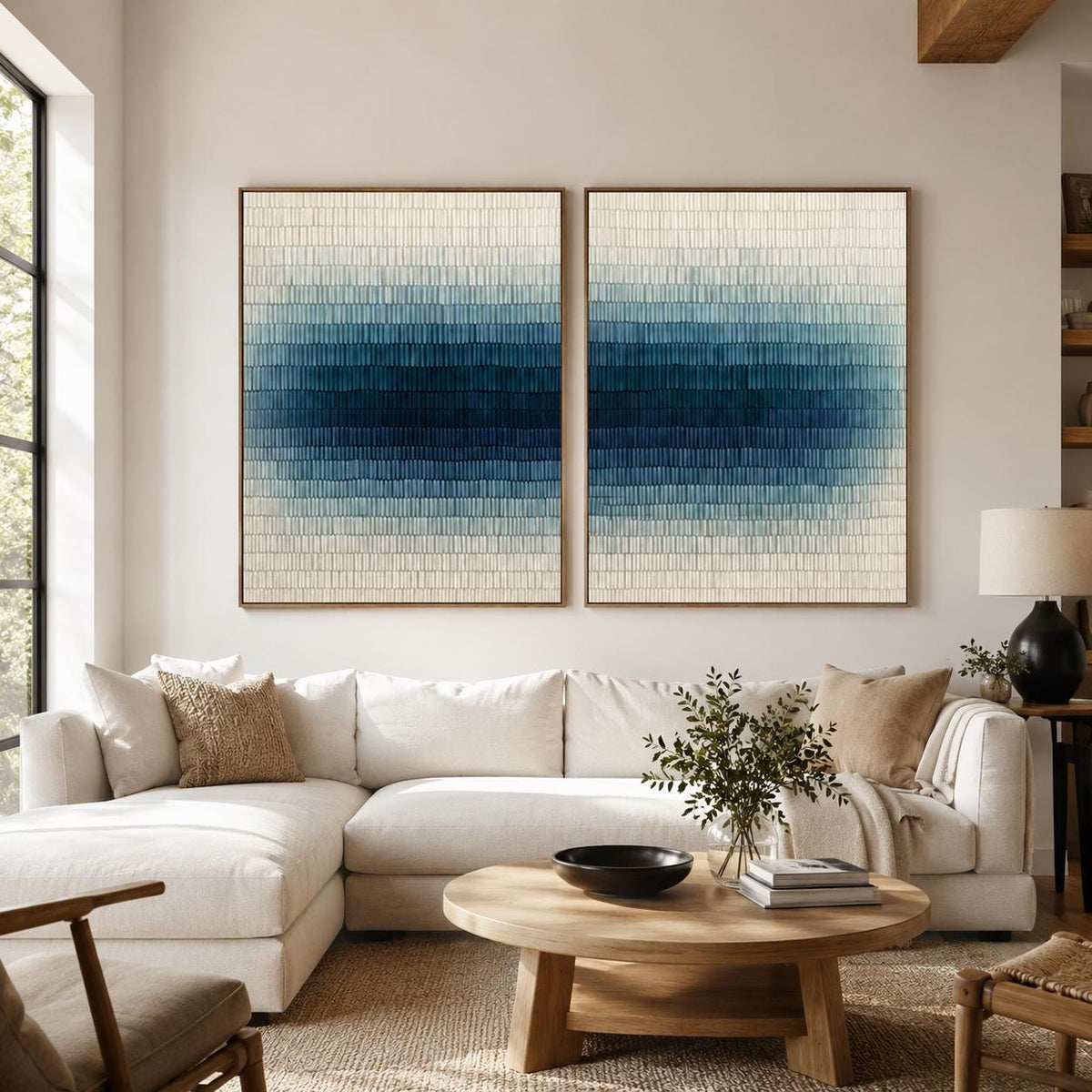 Navy Blue Wall Art Set of 2 Textured Gradient Canvas Painting for Living Room