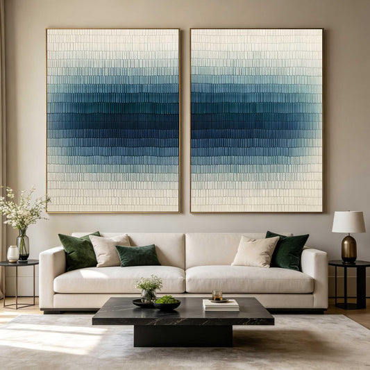 Navy Blue Wall Art Set of 2 Textured Gradient Canvas Painting for Living Room