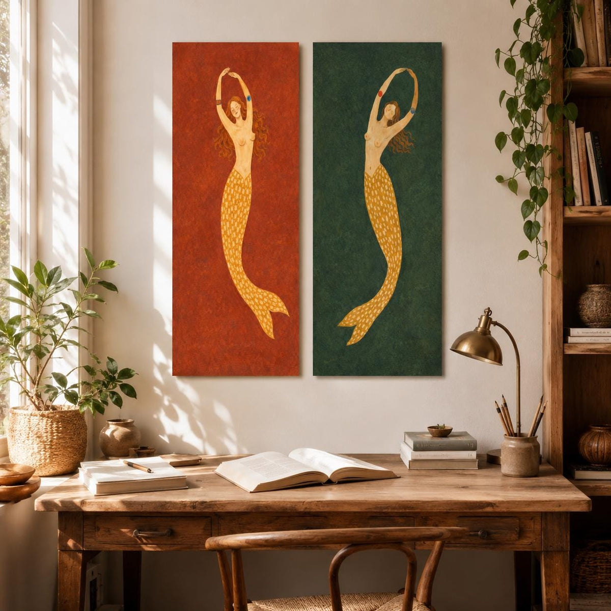 Mermaid Wall Art Set of 2 Red Green Folk Canvas Painting for Bohemian Bedroom