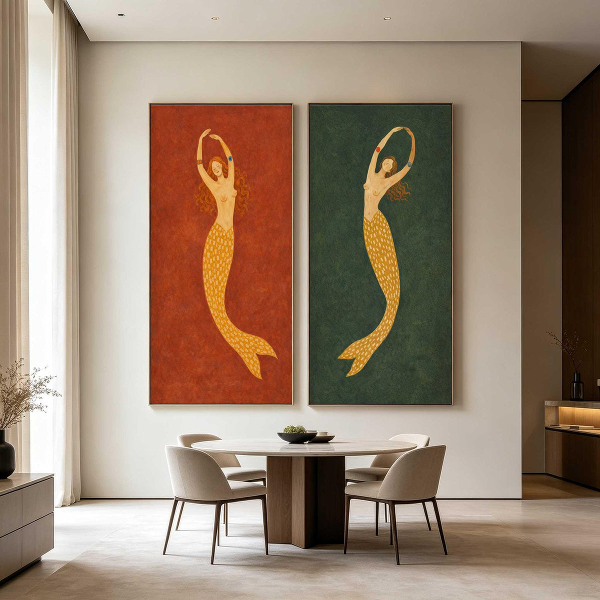 Mermaid Wall Art Set of 2 Red Green Folk Canvas Painting for Bohemian Bedroom