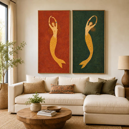 Mermaid Wall Art Set of 2 Red Green Folk Canvas Painting for Bohemian Bedroom