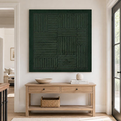 Dark Green Geometric Wall Art Textured Line Canvas Painting for Living Room
