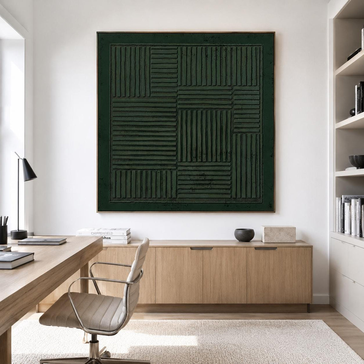 Dark Green Geometric Wall Art Textured Line Canvas Painting for Living Room