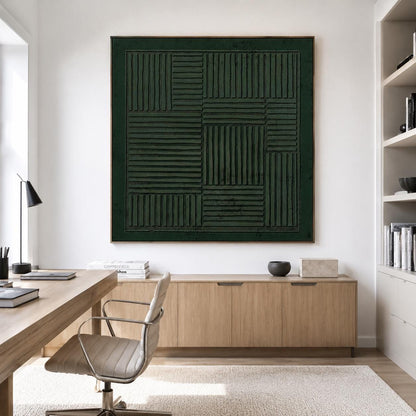 Dark Green Geometric Wall Art Textured Line Canvas Painting for Living Room