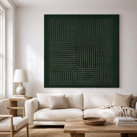 Dark Green Geometric Wall Art Textured Line Canvas Painting for Living Room