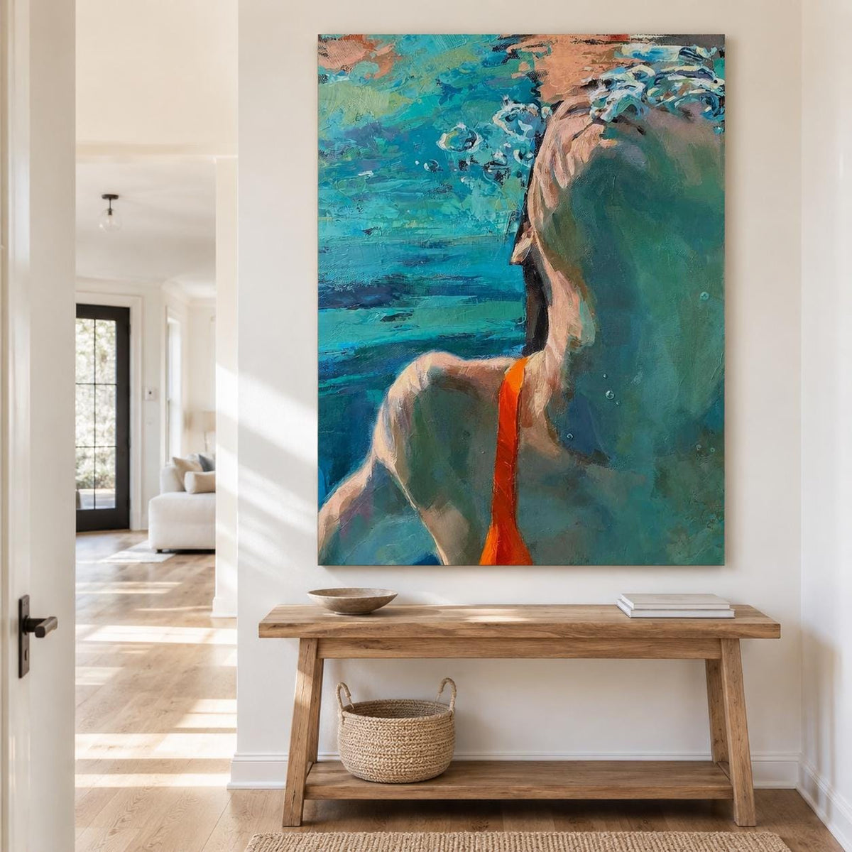 Underwater Swimmer Wall Art Blue Green Figure Canvas Painting for Bathroom Decor
