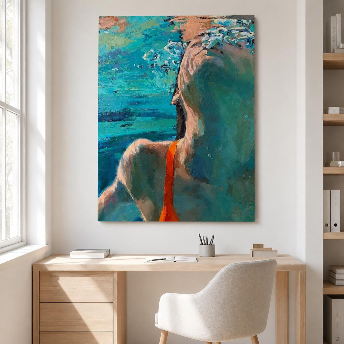 Underwater Swimmer Wall Art Blue Green Figure Canvas Painting for Bathroom Decor