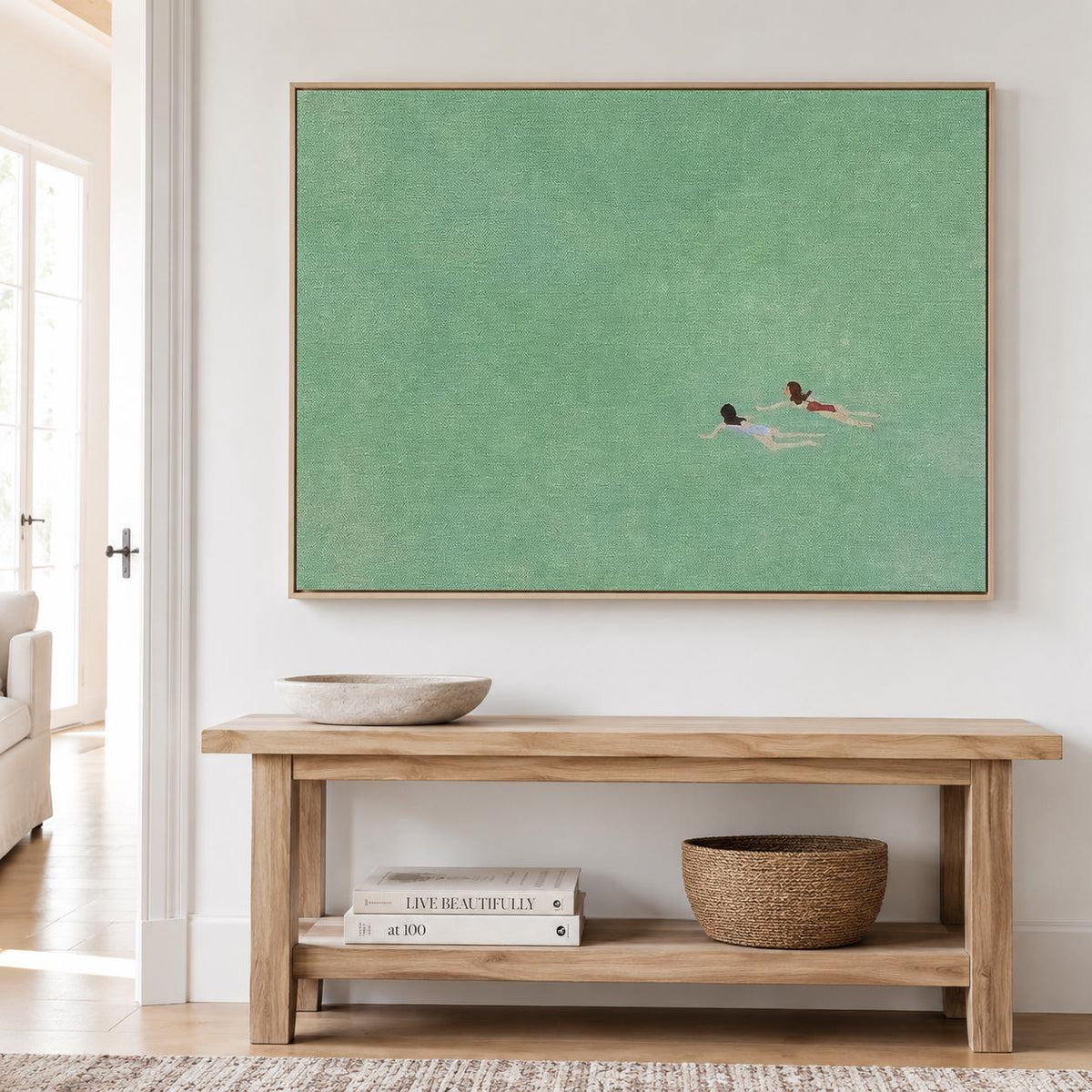 Swimmer Wall Art Green Ocean Minimalist Canvas Painting for Bathroom Decor
