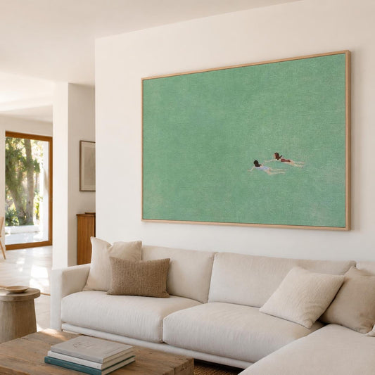 Swimmer Wall Art Green Ocean Minimalist Canvas Painting for Bathroom Decor