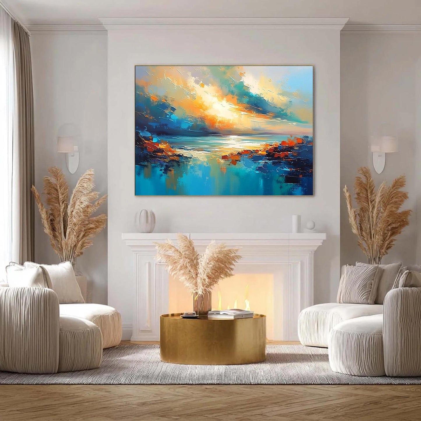 Turquoise and Teal Palette Knife Sunset Abstract Wall Art