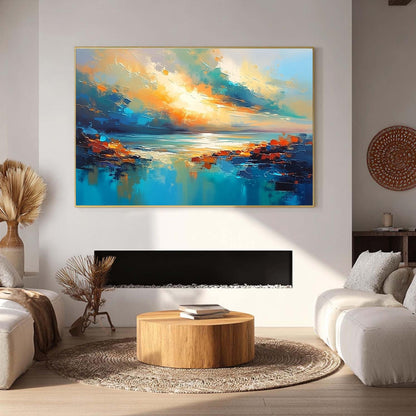 Teal Orange Sunset Painting – Turquoise and Teal Sunset Abstract Wall Art | Palette Knife Painting, view 4