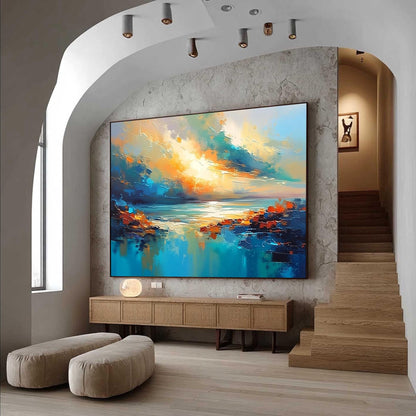 Teal Orange Sunset Painting – Turquoise and Teal Sunset Abstract Wall Art | Palette Knife Painting, view 3