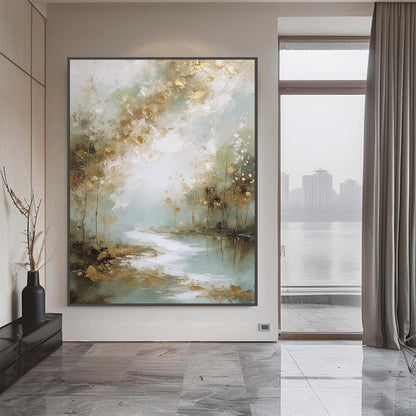 Gold Misty Forest Tree Wall Art – Sage Green River Canvas Painting