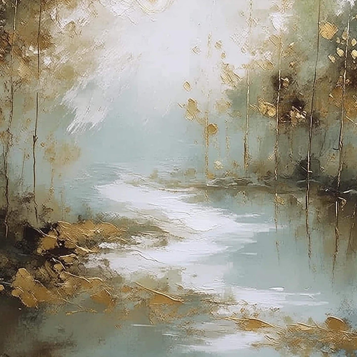 Gold Misty Forest Tree Wall Art – Sage Green River Canvas Painting