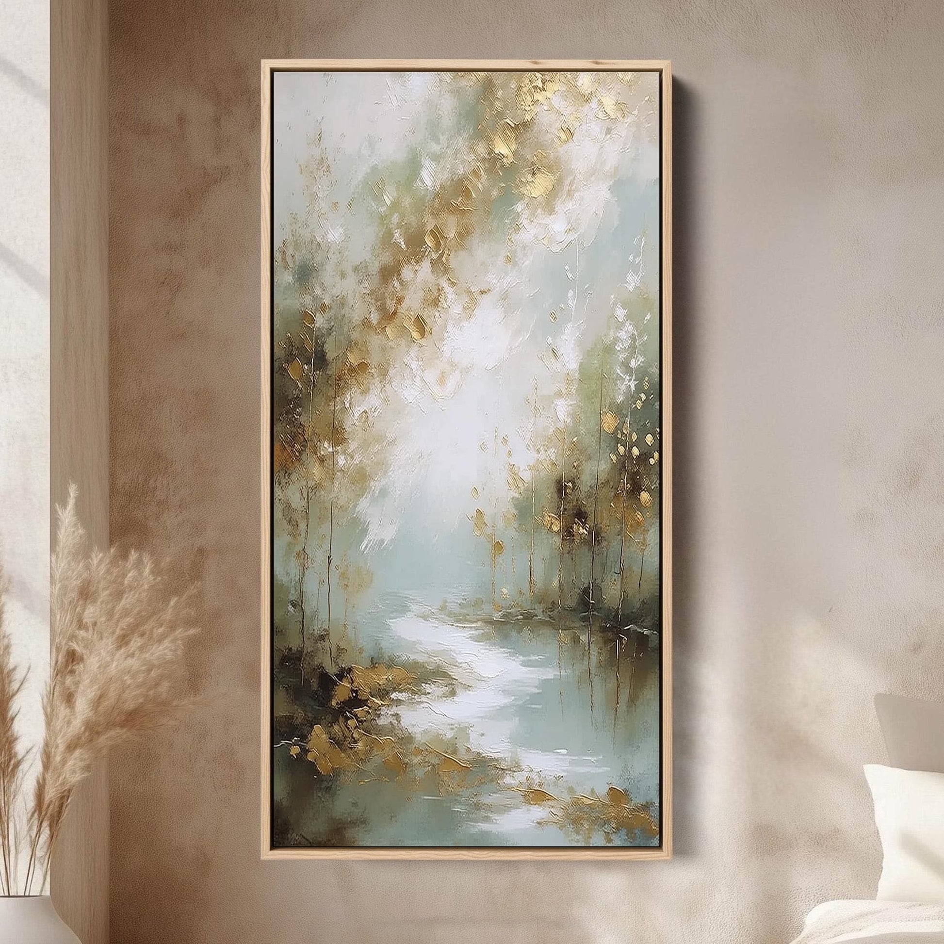 Gold Misty Forest Painting Sage Green River Canvas Neutral Modern Wall Art Decor – Sage and Green Forest Tree Wall Art | Pain
