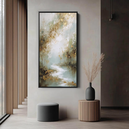 Gold Misty Forest Tree Wall Art – Sage Green River Canvas Painting