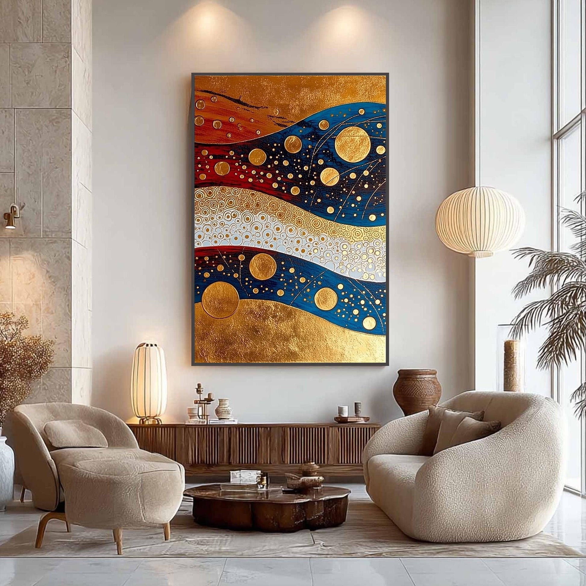 Art Deco Gold Blue Red – Blue and Gold Geometric Wall Art | Abstract Painting, view 4