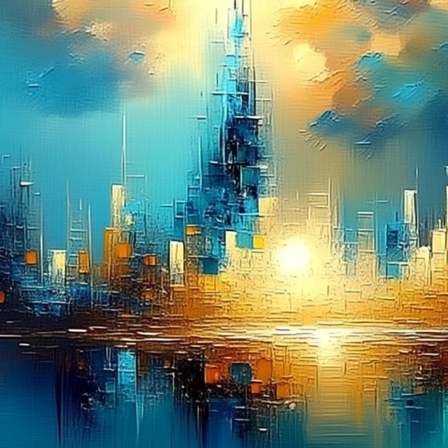 Futuristic Cityscape Painting Teal Gold – Teal and Gold Cityscape City Architecture Wall Art | Abstract Painting, view 4