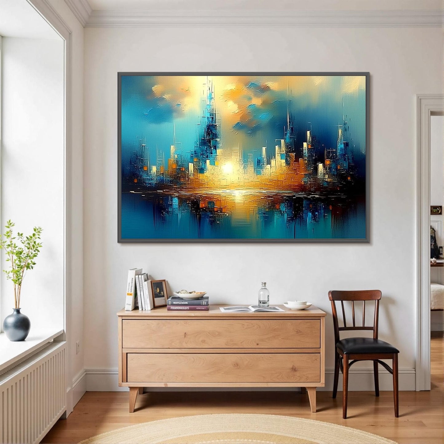 Teal and Gold Abstract Cityscape City Architecture Wall Art – Futuristic Skyline Painting