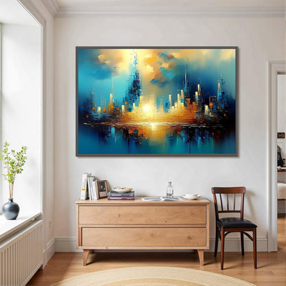 Teal and Gold Abstract Cityscape City Architecture Wall Art – Futuristic Skyline Painting