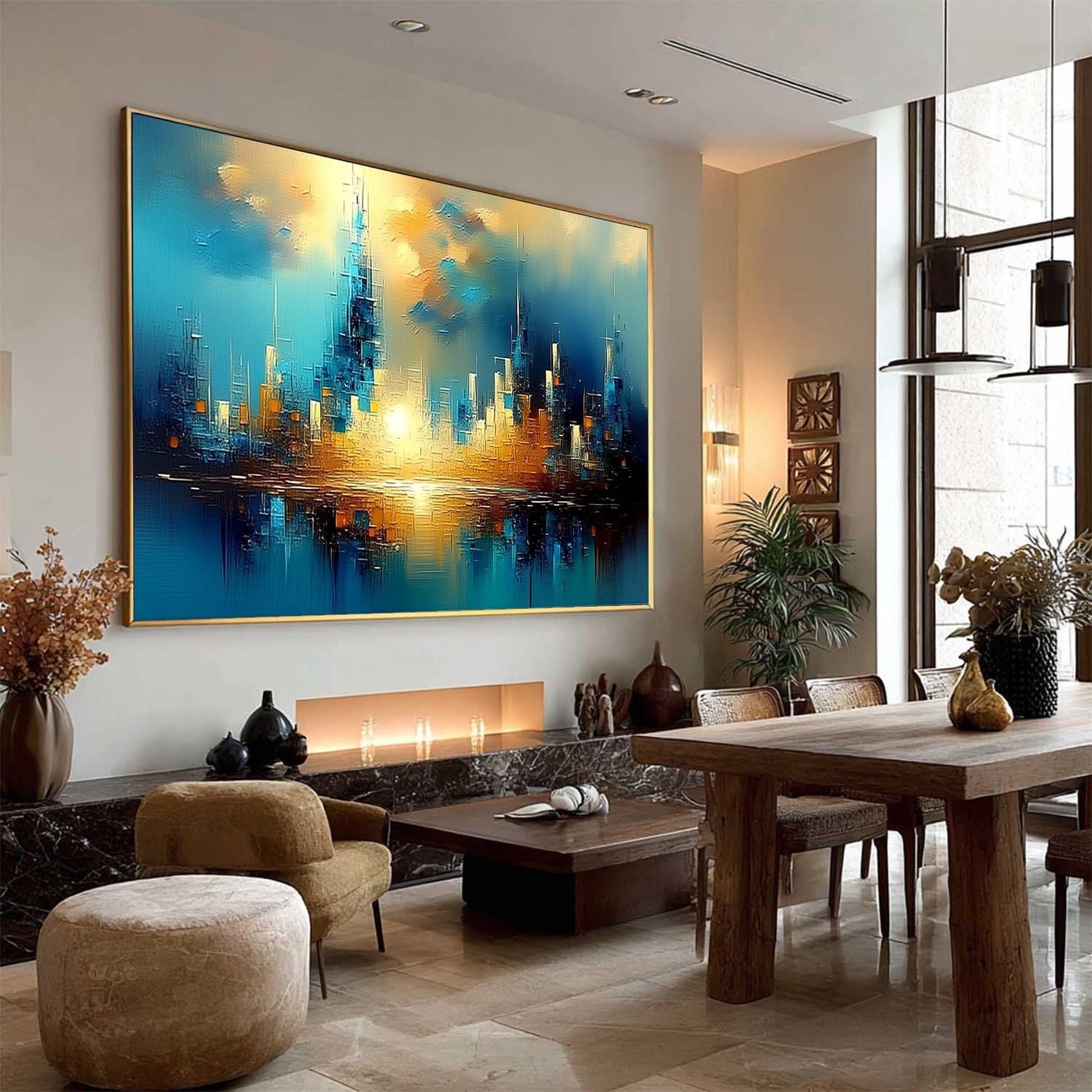 Futuristic Cityscape Painting Teal Gold – Teal and Gold Cityscape City Architecture Wall Art | Abstract Painting, view 2
