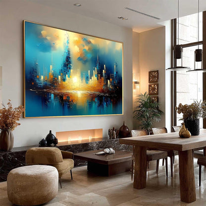 Futuristic Cityscape Painting Teal Gold – Teal and Gold Cityscape City Architecture Wall Art | Abstract Painting, view 2