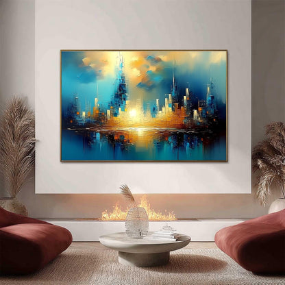 Futuristic Cityscape Painting Teal Gold – Teal and Gold Cityscape City Architecture Wall Art | Abstract Painting, view 3