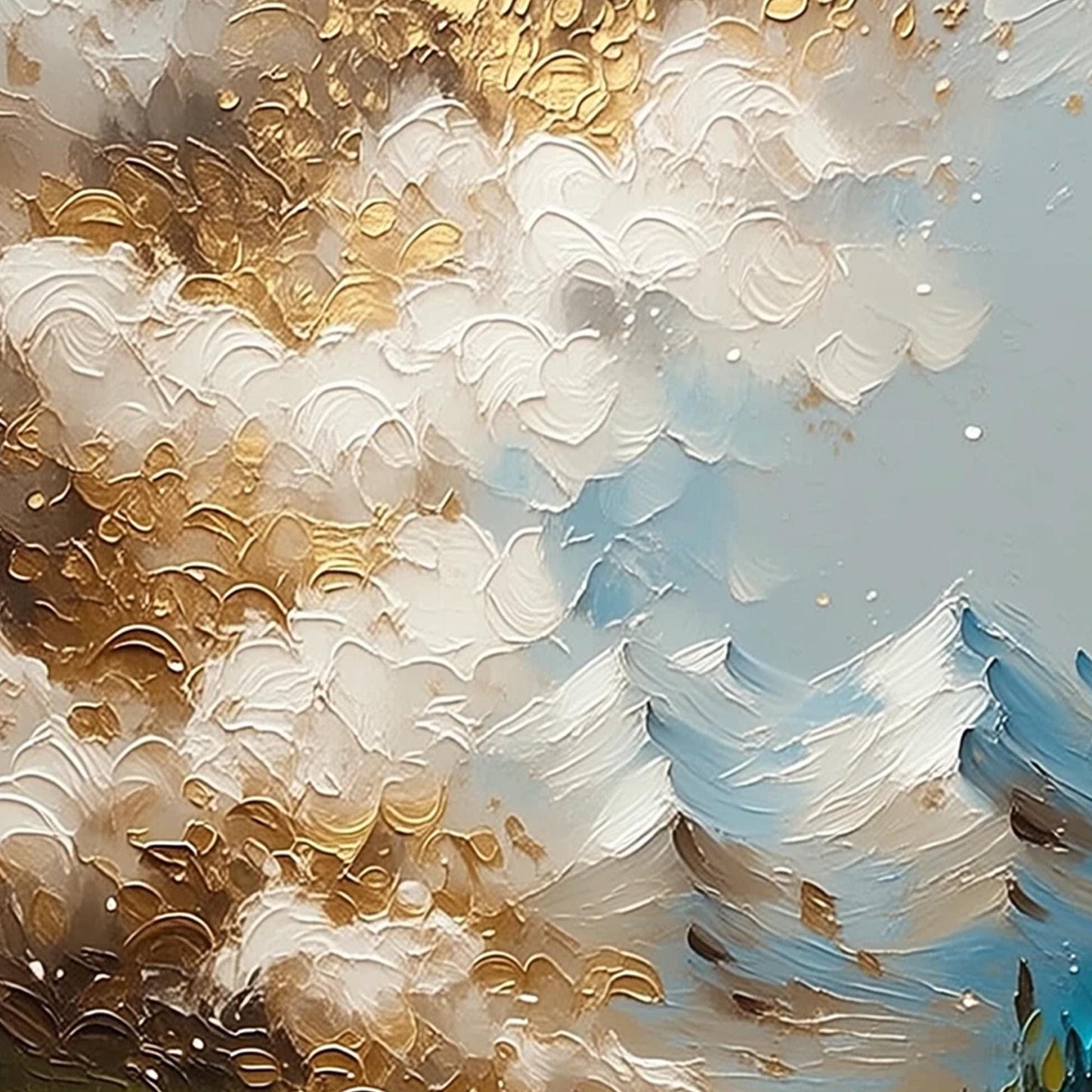 Green and Gold Impasto River Landscape Wall Art – Gold Mountain Waterfall Painting