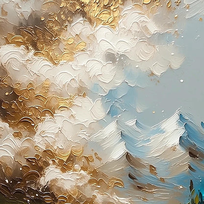 Green and Gold Impasto River Landscape Wall Art – Gold Mountain Waterfall Painting