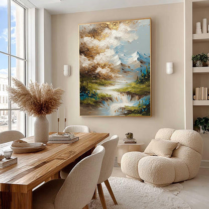 Gold Mountain Waterfall Painting – Green and Gold River Landscape Wall Art | Impasto Painting, view 3
