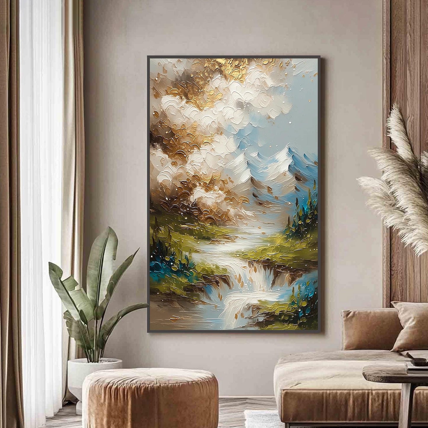 Green and Gold Impasto River Landscape Wall Art – Gold Mountain Waterfall Painting