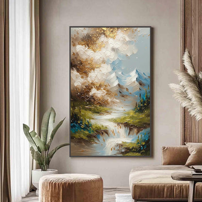 Green and Gold Impasto River Landscape Wall Art – Gold Mountain Waterfall Painting