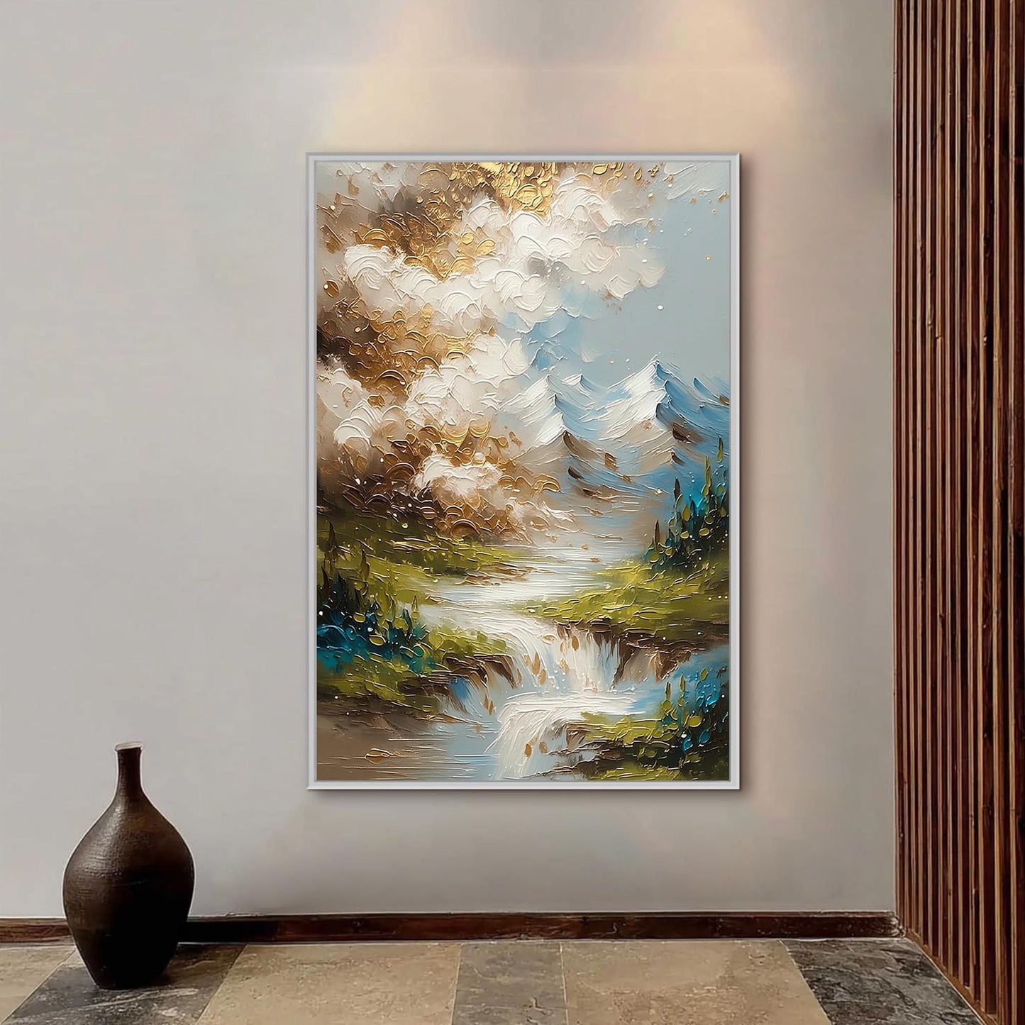 Green and Gold Impasto River Landscape Wall Art – Gold Mountain Waterfall Painting