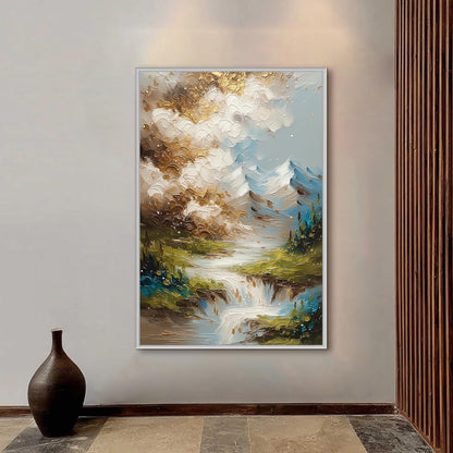 Green and Gold Impasto River Landscape Wall Art – Gold Mountain Waterfall Painting