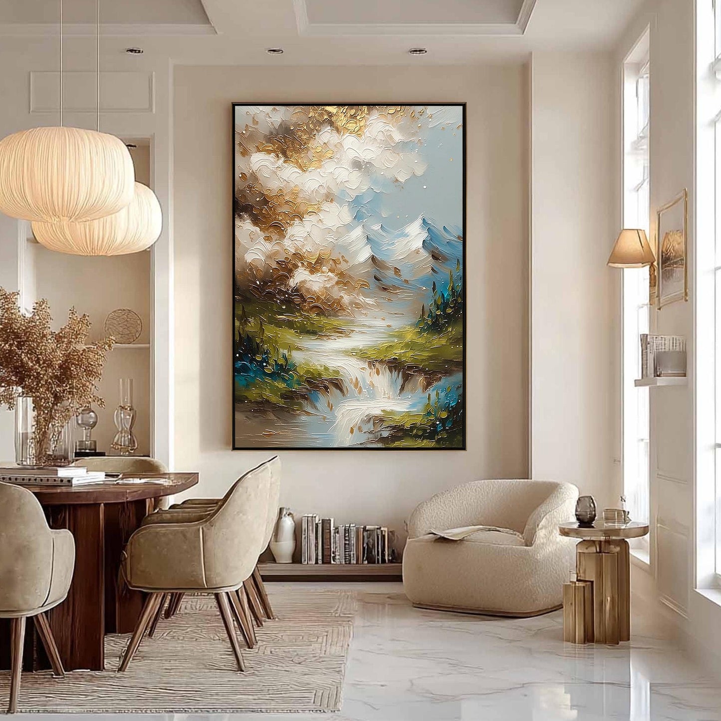 Gold Mountain Waterfall Painting – Green and Gold River Landscape Wall Art | Impasto Painting, view 1