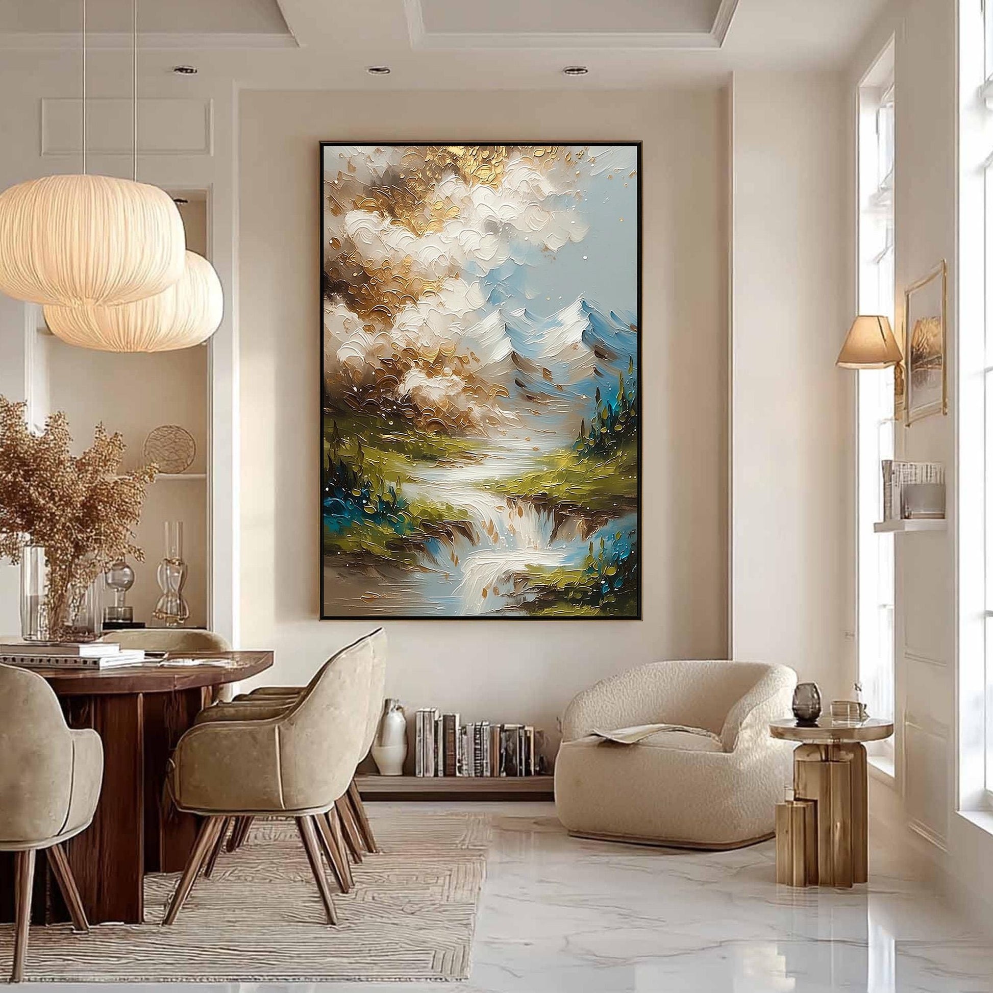 Gold Mountain Waterfall Painting – Green and Gold River Landscape Wall Art | Impasto Painting, view 1