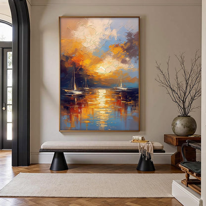 Sailboat Sunset Painting Gold Blue – Navy and Orange Sailboat 3D Texture Wall Art | Impasto Painting, view 4