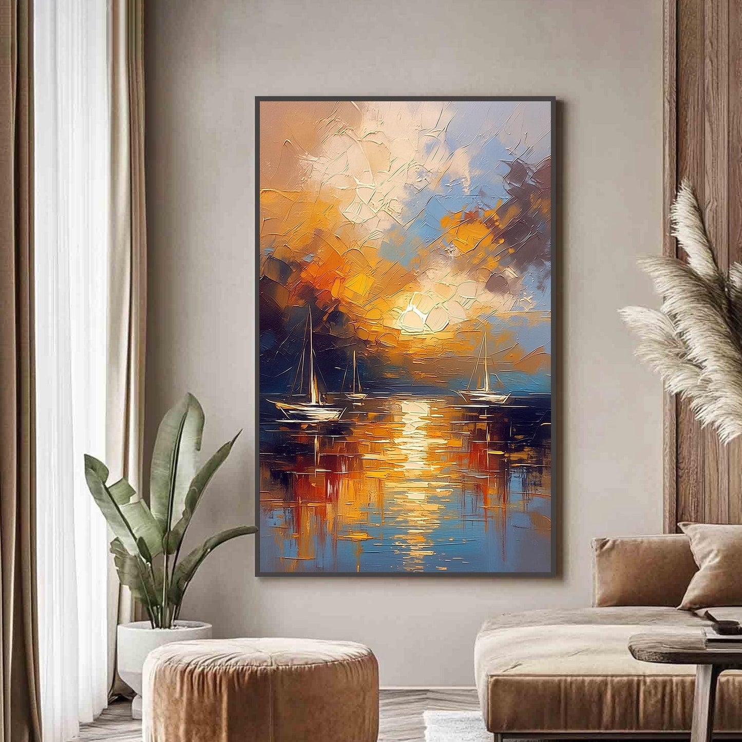 Navy and Orange Impasto Sailboat Sunset 3D Texture Wall Art