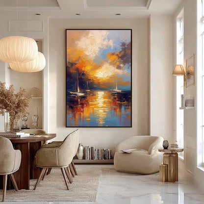 Navy and Orange Impasto Sailboat Sunset 3D Texture Wall Art