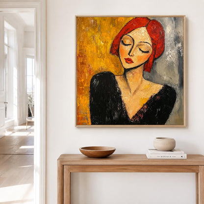 Red Hair Woman Portrait Wall Art Modigliani Style Abstract Canvas for Living Room