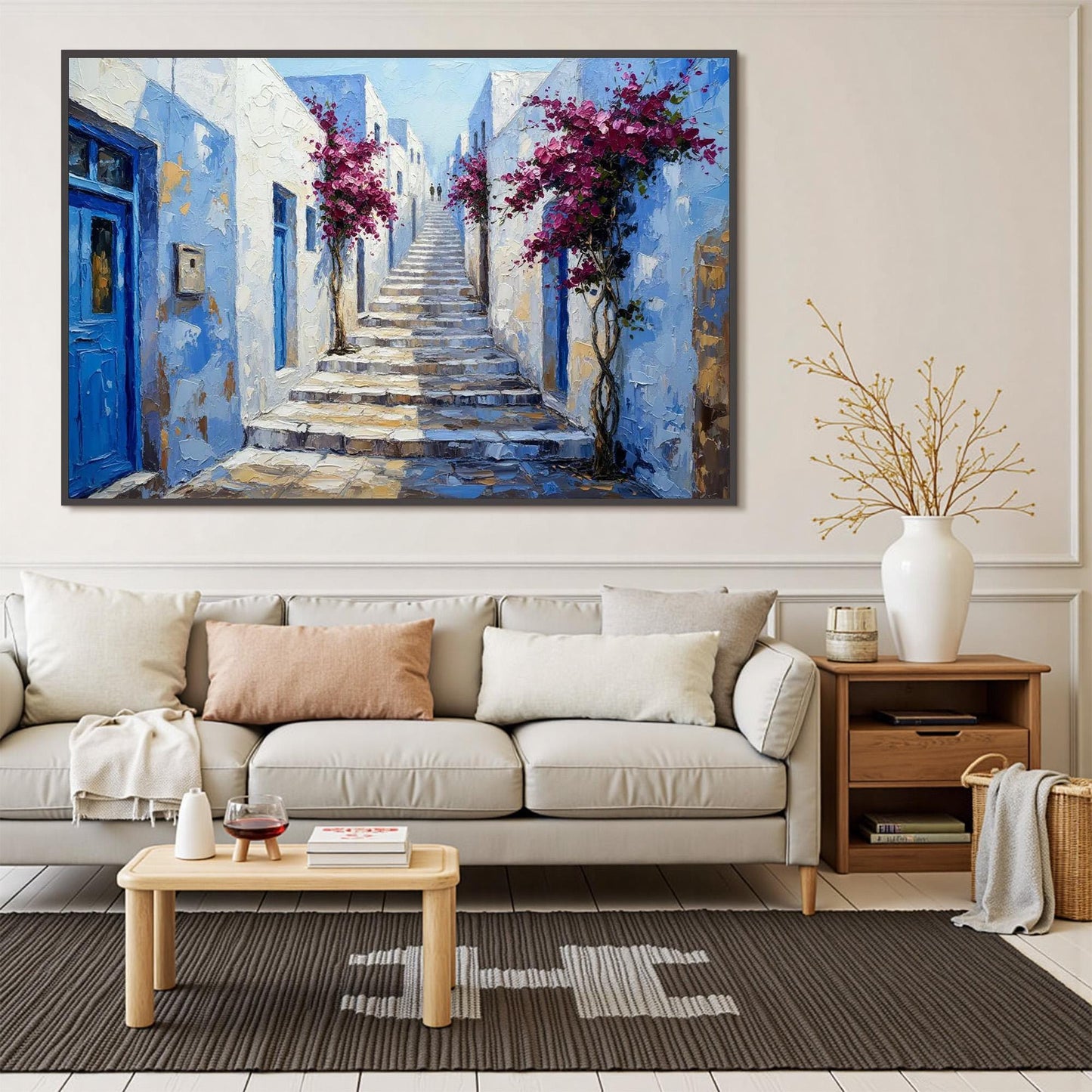 Blue and White Impasto Abstract 3D Texture Wall Art – Handmade Acrylic - Mediterranean Wall Decor - Blue White Bougainvillea Home Housewarming Gift