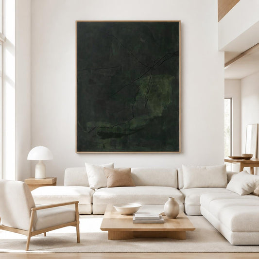 Large Dark Green Abstract Wall Art Wabi Sabi Canvas Painting for Living Room Decor