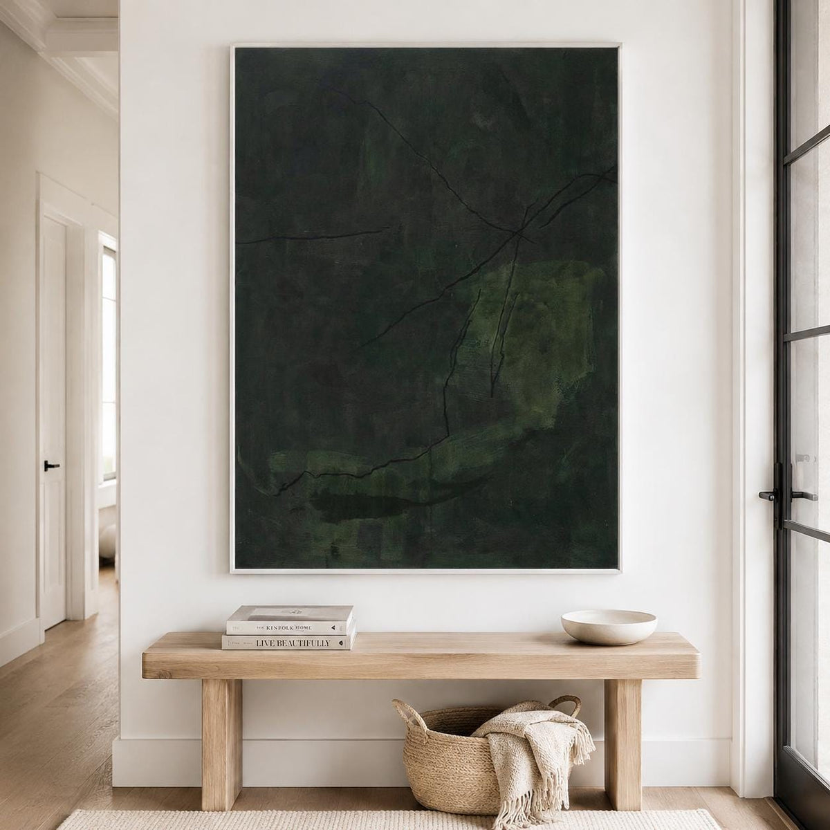 Large Dark Green Abstract Wall Art Wabi Sabi Canvas Painting for Living Room Decor