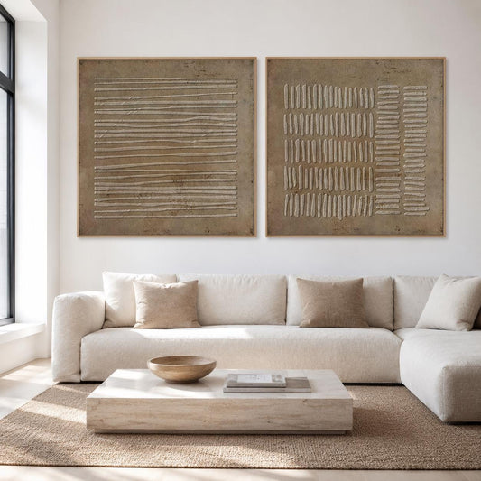 Wabi Sabi Wall Art Set of 2 Brown Plaster Canvas Painting for Living Room