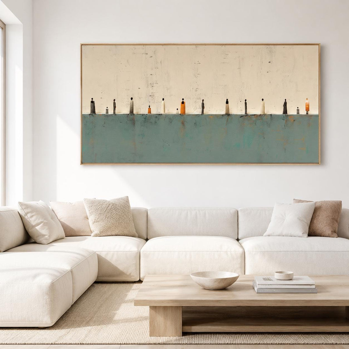 Teal Beige Gallery Wall Art Minimalist Tiny Figures Canvas for Living Room Decor