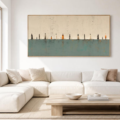 Teal Beige Gallery Wall Art Minimalist Tiny Figures Canvas for Living Room Decor