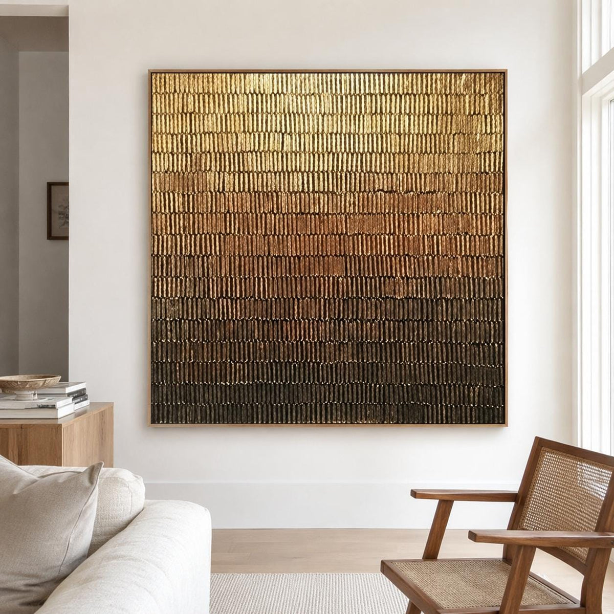 Golden Brown Gradient Wall Art Textured Line Abstract Painting for Modern Living Room Decor