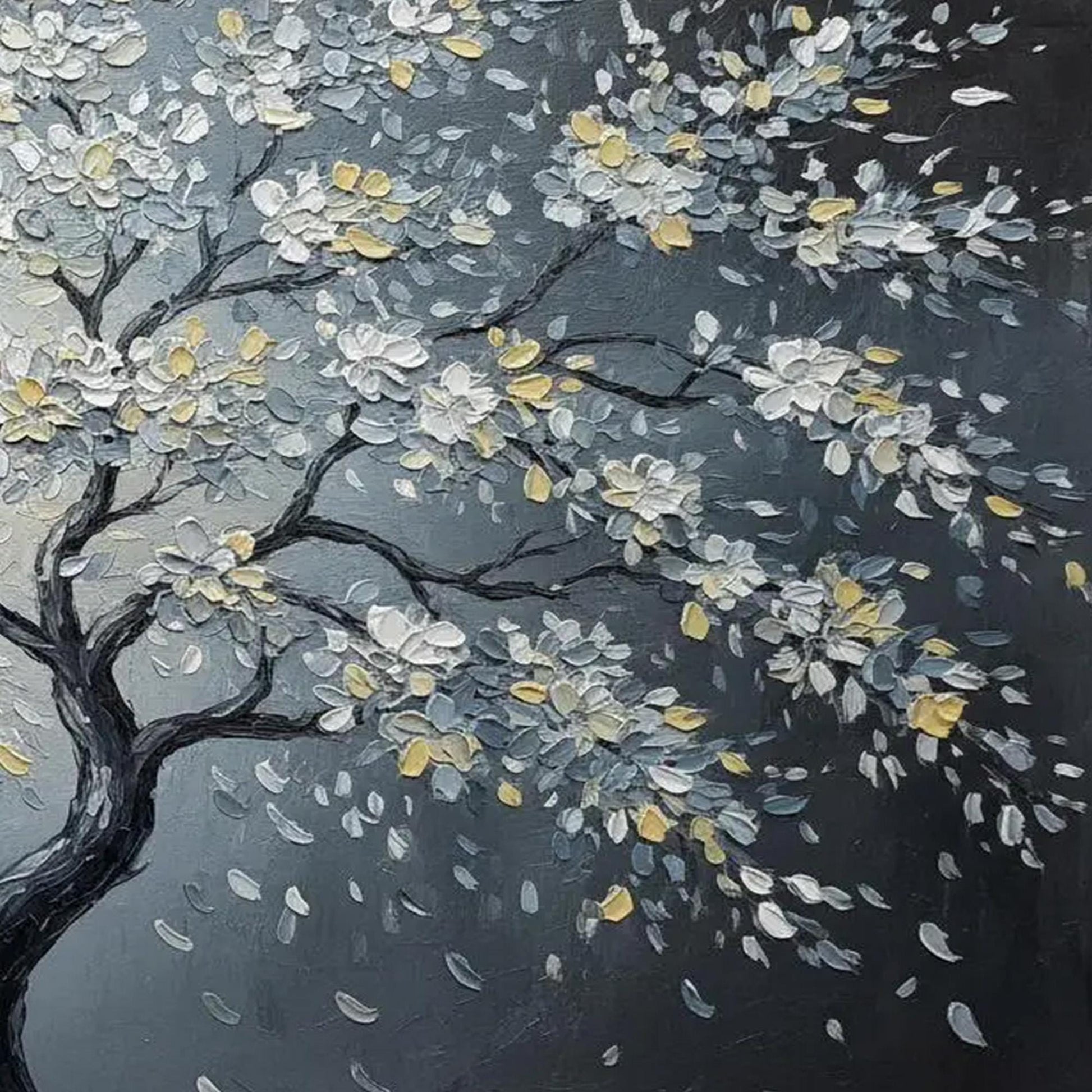 Moonlit Blossom Canvas - Elegant Wall Art - Handmade Acrylic - Luxury Home Decor Anniversary Gift – Gold and Black Floral Wal