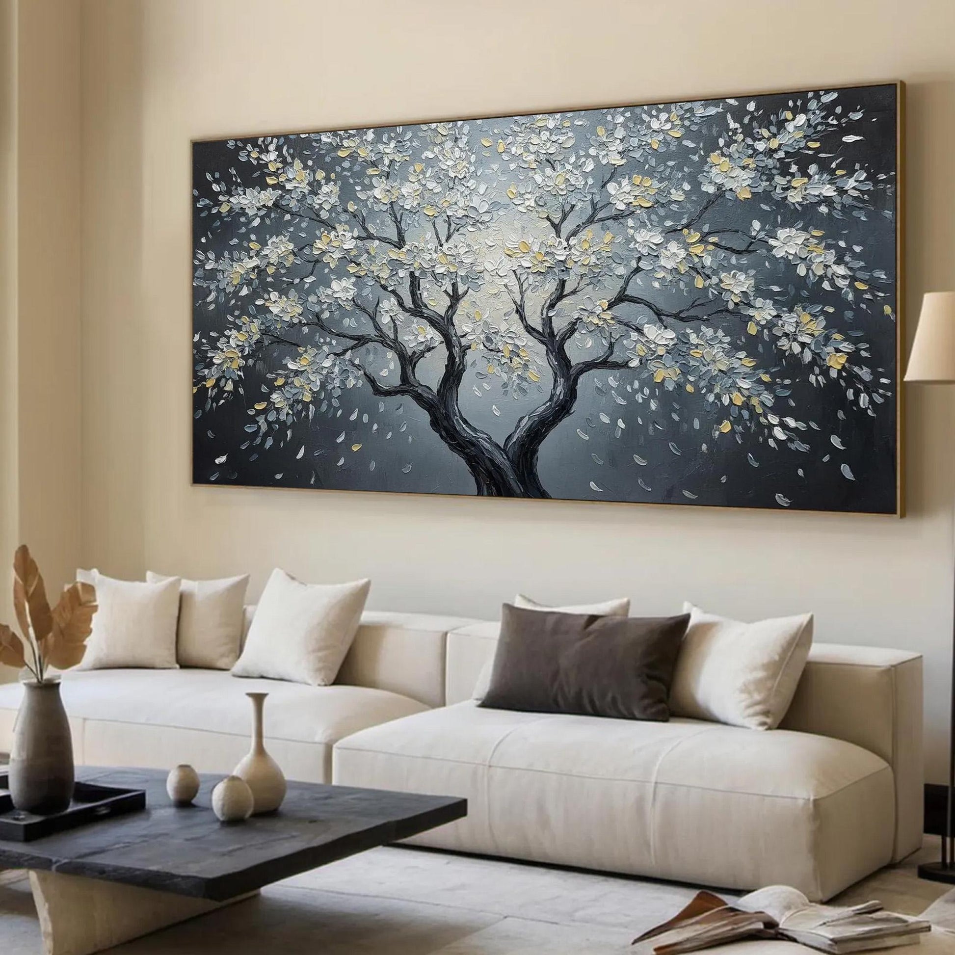 Moonlit Blossom Canvas - Elegant Wall Art - Handmade Acrylic - Luxury Home Decor Anniversary Gift – Gold and Black Floral Wal