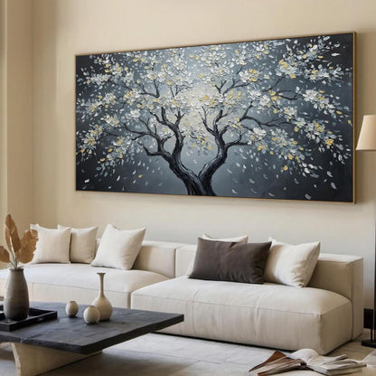Moonlit Blossom Canvas - Elegant Wall Art - Handmade Acrylic - Luxury Home Decor Anniversary Gift – Gold and Black Floral Wal